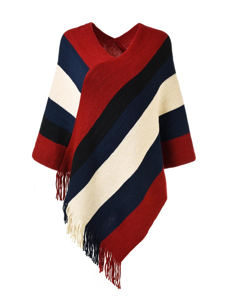Ferand Women's Striped Poncho Sweater Cozy Knit Fringe Shawl Wraps for Fall Winter - Image 1